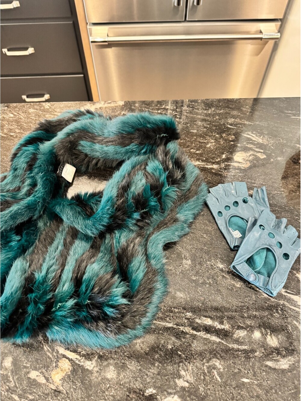 Jocelyn Dyed Rabbit Fur Infinity Scarf Teal Black (SCARF ONLY-gloves separate)